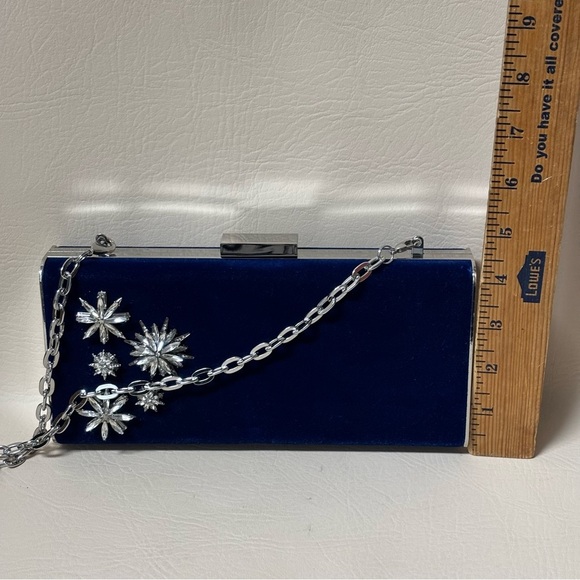 White House Black Market Royal Blue Velvet Clutch with Glass Crystal Flowers - Picture 7 of 7